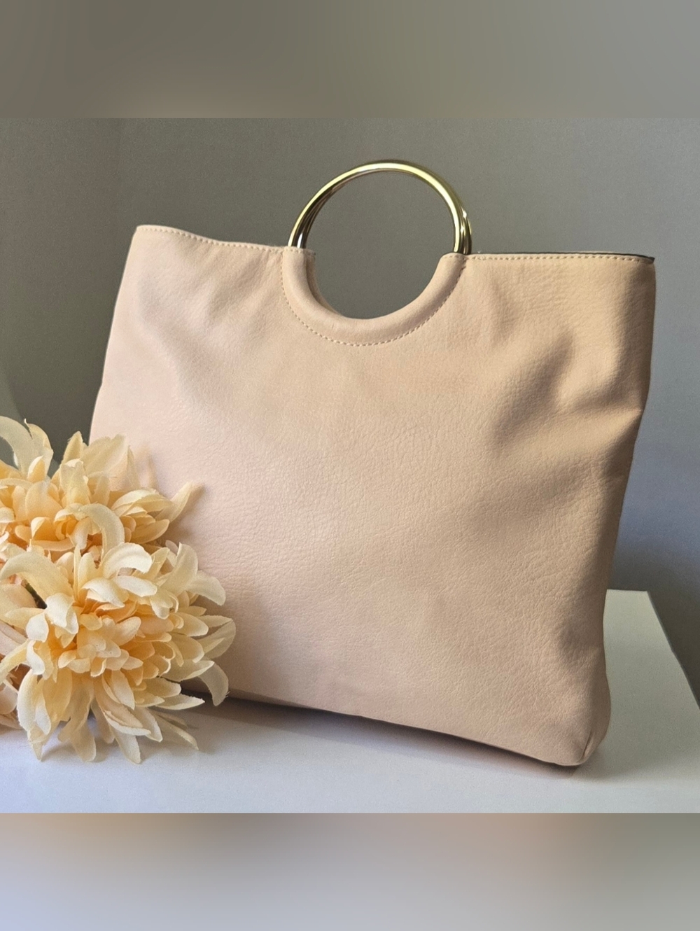 LC Lauren Conrad Cream Vegan Leather Ring Handle Satchel Crossbody Bag